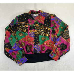 Vntg Andrea Gayle 80s Retro Colorful Stopwatch Satin Long Sleeve Blouse Size 12